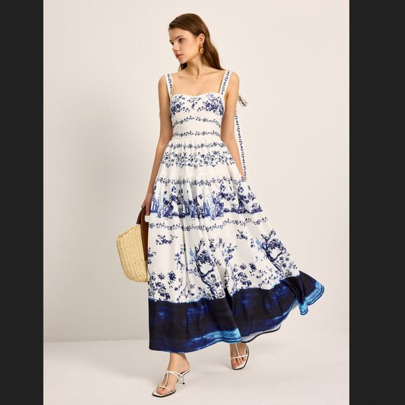 Commense Dresses & Skirts - Commense Medium Blue White Floral Tie Strap Tiered Maxi Dress Summer Coastal